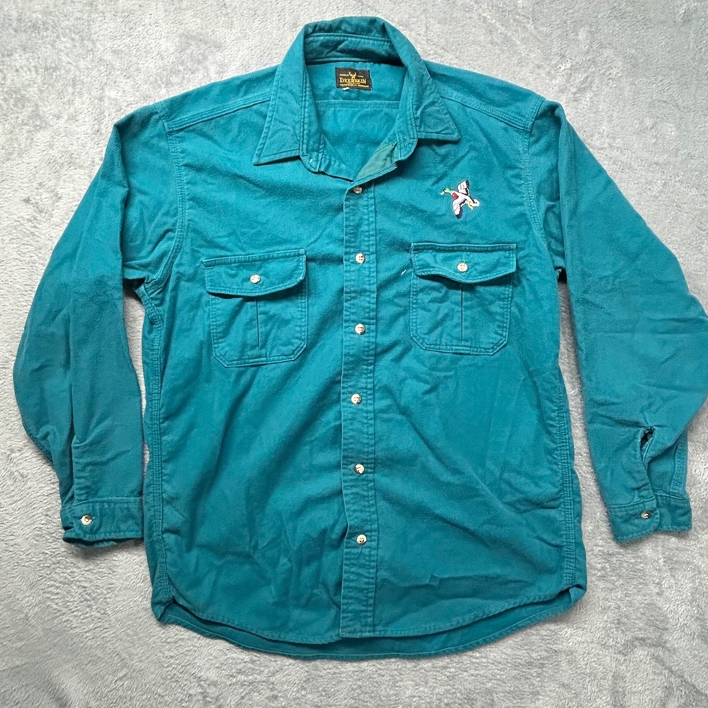 Vintage Deerskin Melton Shirt Co Mens Teal Cotton Mallard Duck Shirt USA Made